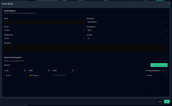 The image displays a user interface for creating a project board with various configuration options.