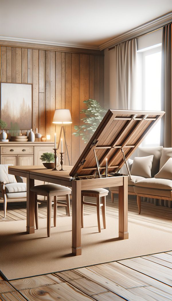 a wooden gateleg table partially extended with one leaf up and one down, set in a cozy dining room