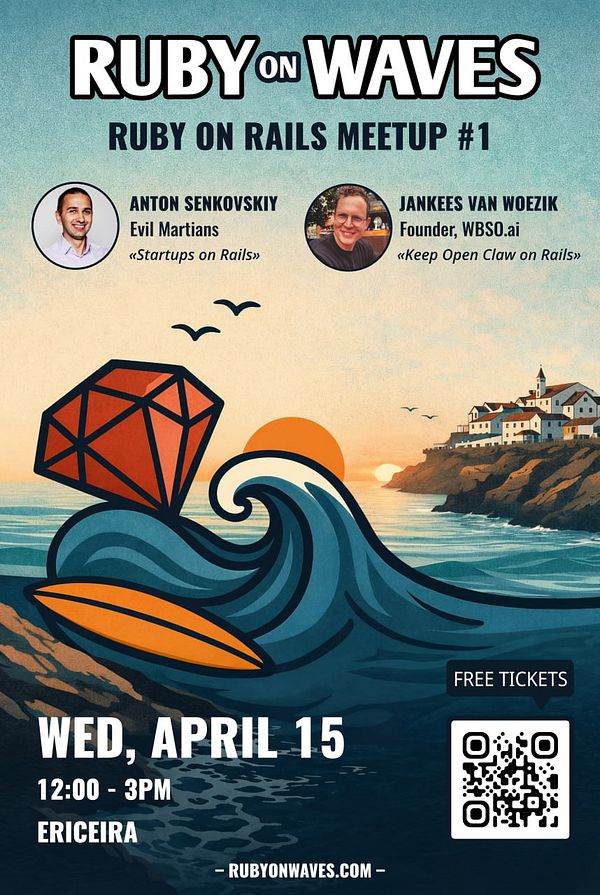Poster for a Ruby on Waves meetup displaying a computer screen over water with text information.
