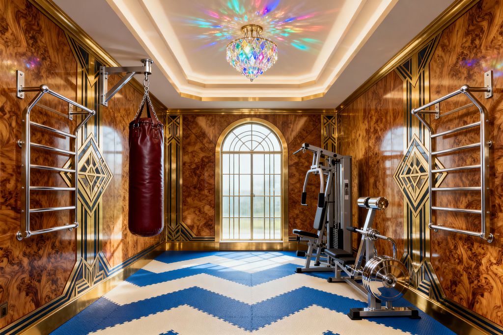 A luxurious Art Deco home gym with glossy burled wood wall panels trimmed in gold geometric inlays and a gilded arched window at the far end. A prismatic crystal chandelier and cove lighting scatter rainbow reflections over royal blue and cream chevron foam flooring. Stainless steel stall bars, a burgundy leather heavy bag, a multi-gym station, and a chrome rower complete the setup.