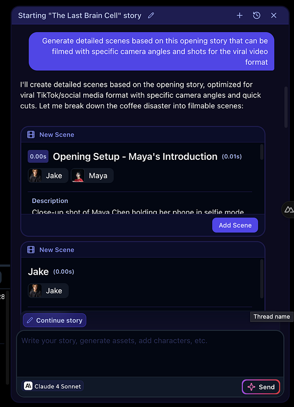 The image displays a digital interface for creating scenes in a storytelling application.
