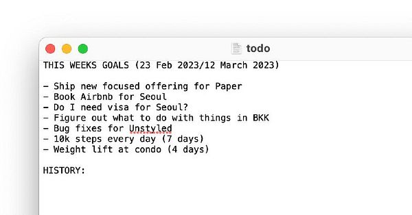 A digital to-do list outlining goals for the week of February 23 to March 12, 2023.