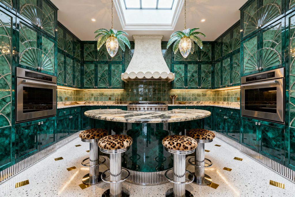 A symmetrical kitchen wrapped in glossy emerald cabinetry with Art Deco fan inlays centers on a range beneath a scalloped white plaster hood, lit from above by a skylight. An oval island with boldly veined marble pairs with chrome fluted stools upholstered in leopard print, terrazzo floors with brass accents, jade square-tile backsplash, warm under-cabinet lighting, stainless wall ovens on both sides, and two palm-shaped glass pendants for Hollywood Regency glamour.