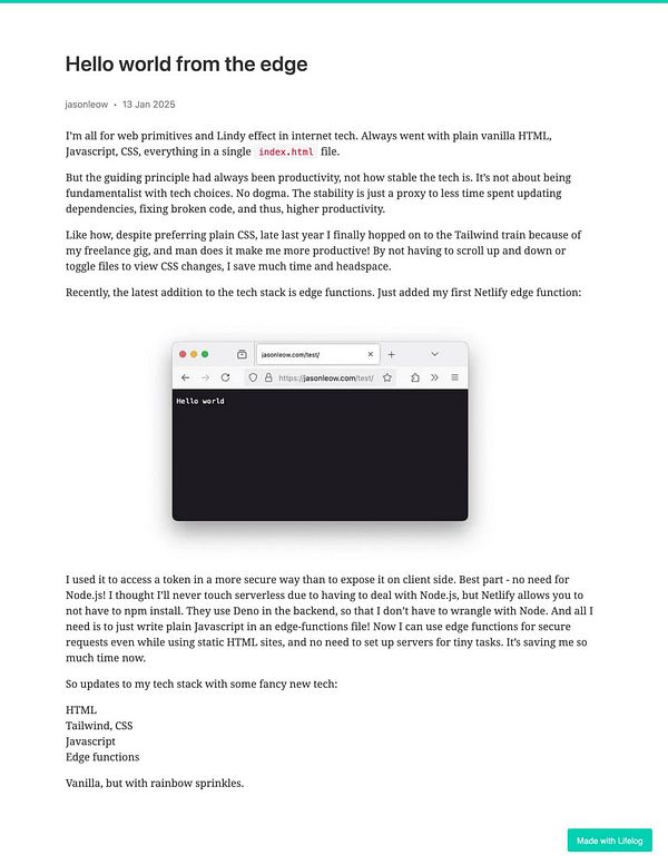 A blog post titled 'Hello world from the edge' discussing web development technologies and showcasing a browser window with a 'Hello world' message.