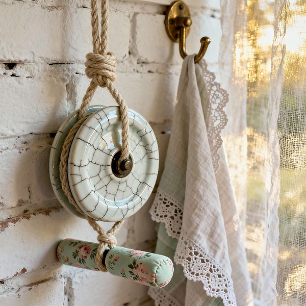 A close-up of a shabby chic home gym detail shows a vintage-style pulley with crackle-glazed ceramic wheels and thick natural rope tied to a mint floral fabric handle, mounted on a whitewashed brick wall. To the right, an antique brass hook holds soft linen cloths edged in crochet lace beside a sheer lace curtain glowing with warm afternoon light.