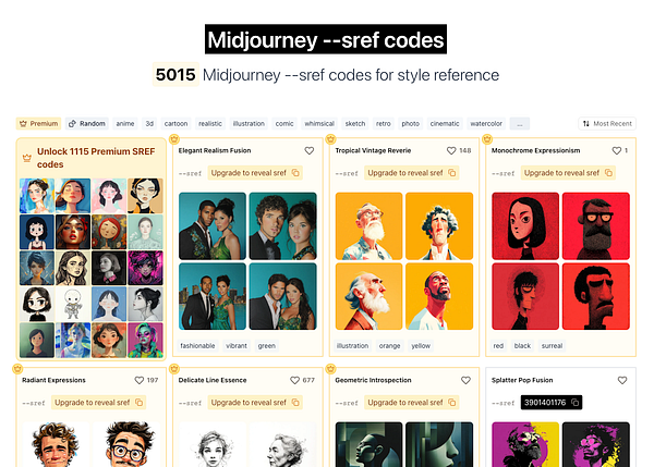 The image displays a user interface for Midjourney's sref codes, showcasing various style references and their corresponding artwork.