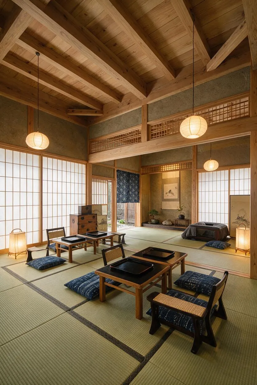 A Japanese Zen-style game room with tatami mat flooring, low wooden tables, and floor cushions arranged for seated play. Shoji screens, exposed timber beams, paper lanterns, and a calm neutral palette create a serene, traditional atmosphere.