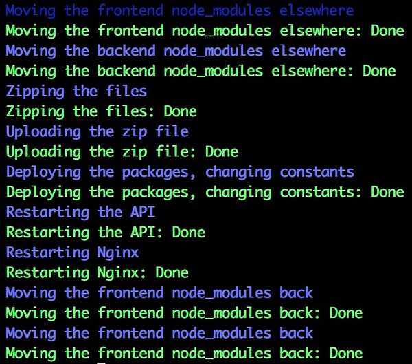 The image shows the console output of a shell script deploying a project.
