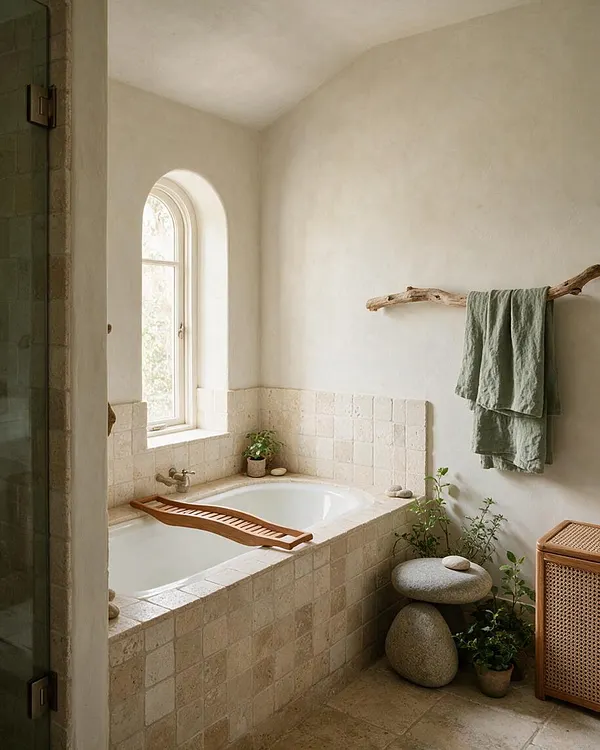 A serene master bathroom with a built-in stone-tiled soaking tub beneath an arched window, soft beige plaster walls, and natural light. A driftwood towel rail, muted green towels, potted plants, stacked river stones, and a woven cabinet create an earthy biophilic atmosphere.
