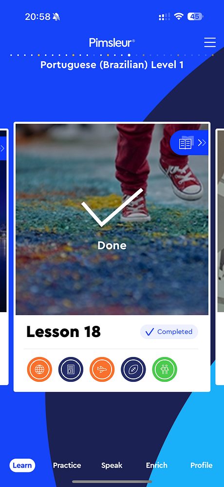 The image displays a mobile app interface for the Pimsleur language learning program, indicating the completion of Lesson 18 in Brazilian Portuguese.
