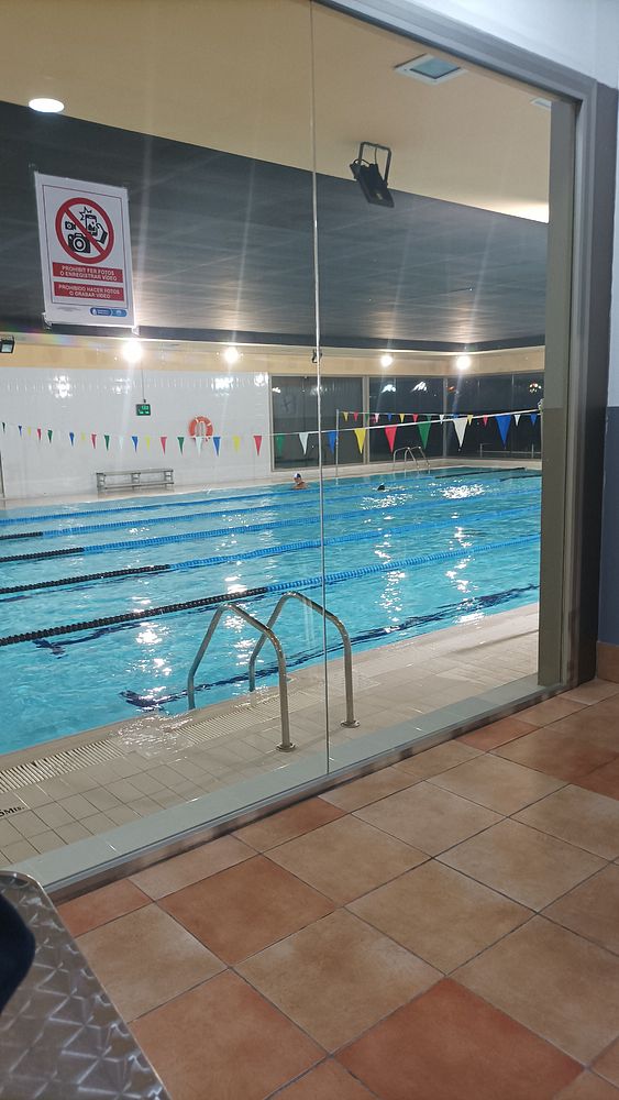 A view of an indoor swimming pool with colorful flags and a swimmer in the water.