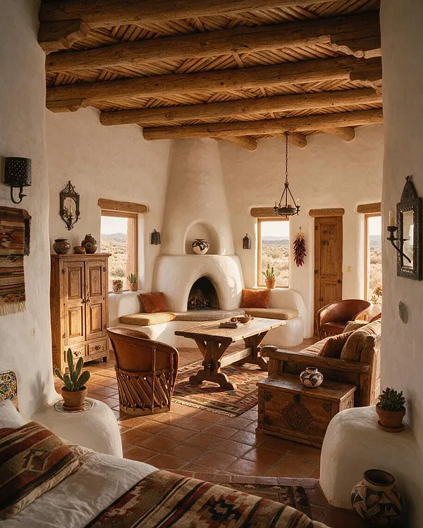 A warm Southwestern-style studio apartment with thick white adobe walls, exposed rustic wood ceiling beams, and a central built-in fireplace. The room features terracotta tile flooring, carved wood furniture, leather chairs, woven textiles, potted cacti, and desert views through small windows.