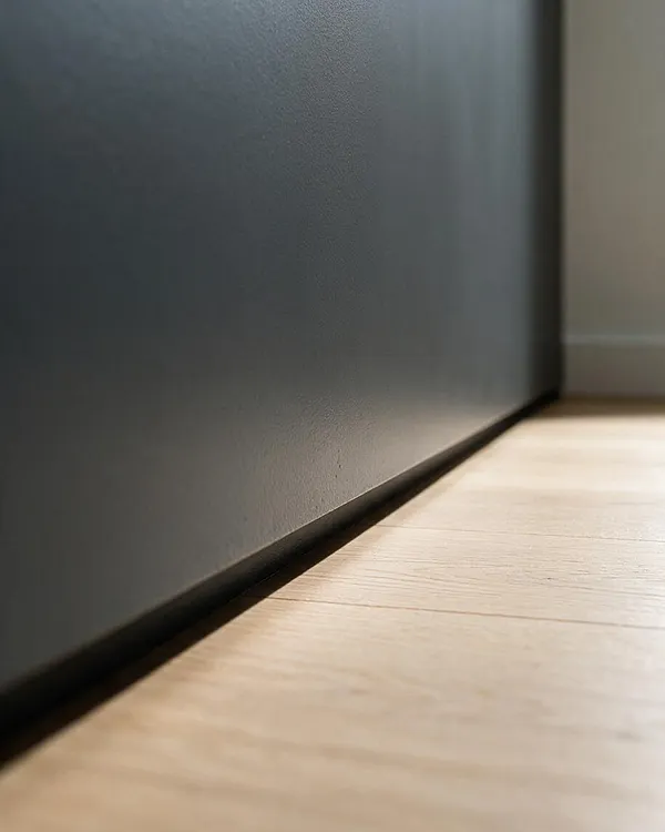 A close-up interior detail shows a smooth dark gray wall meeting pale wood flooring, with a thin black baseboard creating a clean edge. Soft daylight grazes the floor and wall, emphasizing the simple lines and restrained materials of a minimalist space.