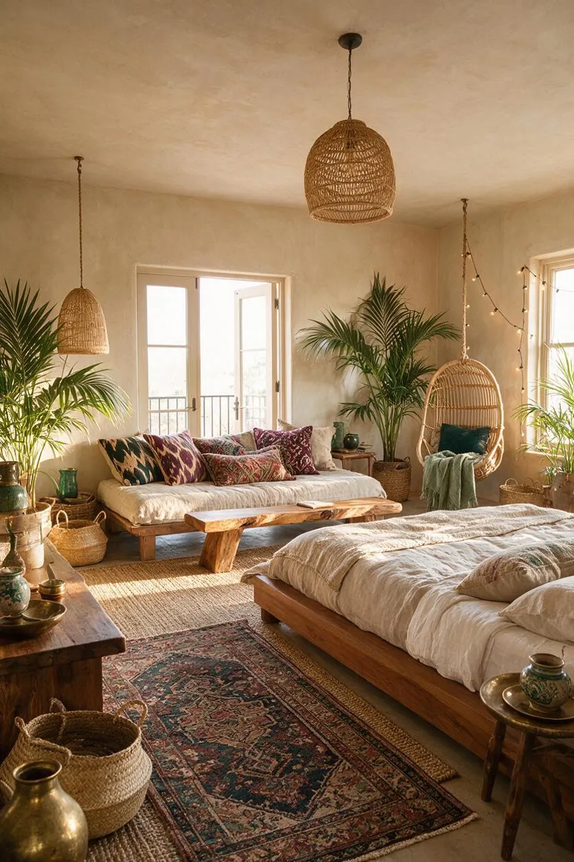 A sunlit master bedroom in bohemian style with a low wooden bed dressed in cream bedding, a matching daybed with patterned pillows, and woven pendant lights hanging from the ceiling. Palm plants, a hanging wicker chair, layered rugs, and rustic wood tables complete the relaxed, earthy atmosphere.