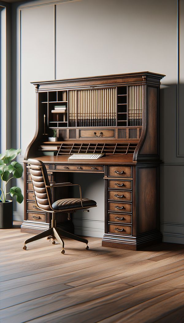 A vintage roll-top desk made of rich, dark wood, with its tambour door halfway open revealing organized compartments inside. The desk is situated in a bright, stylish home office, with a modern chair positioned in front of it.