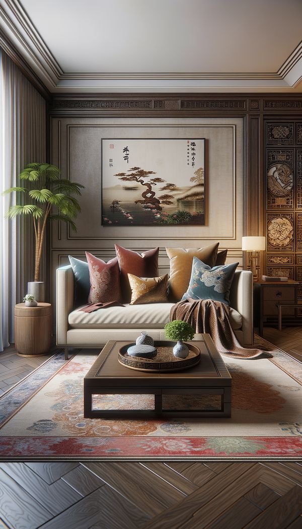 An elegant living room blending American and Oriental elements, featuring a cozy sofa, a low wooden coffee table, silk throw pillows, and Asian-inspired wall art.