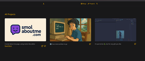 The image displays a dark-themed website project section featuring a grid layout with three project entries.