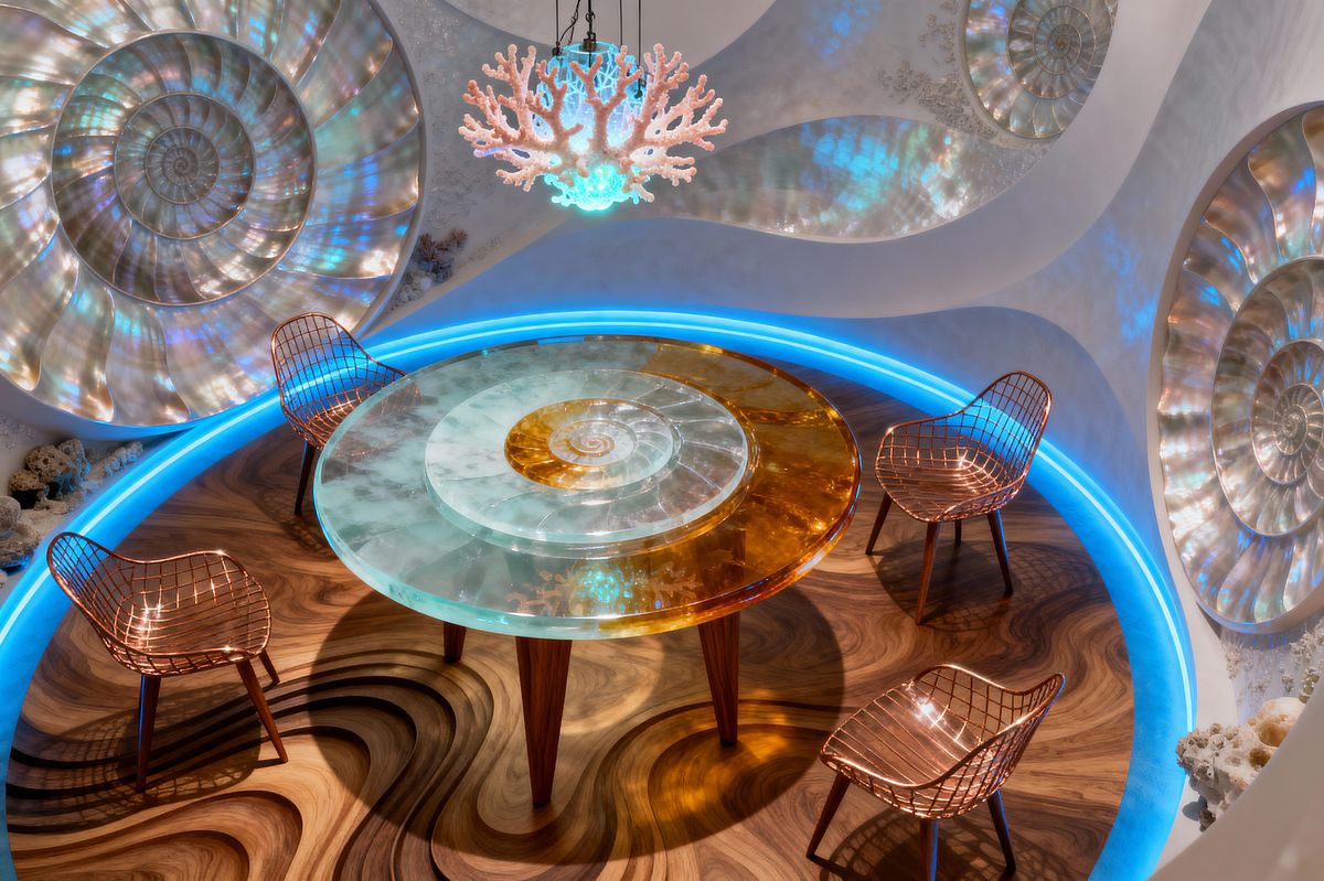 Room AI – Surreal Nautilus Dining with Iridescent Shells - Interior