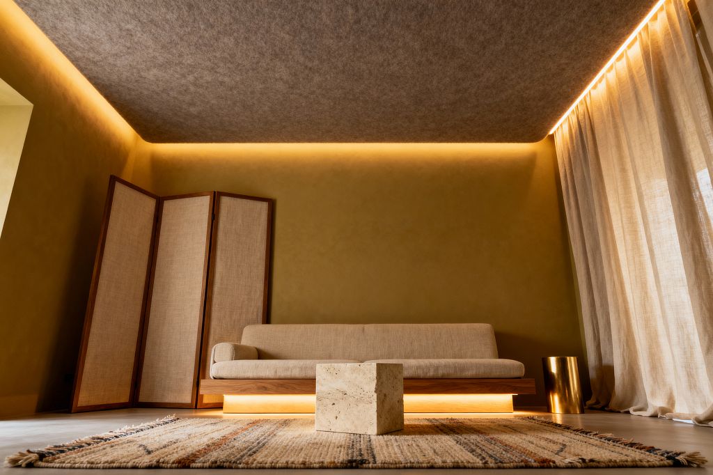 A minimalist media room features a low beige sofa on a walnut base with warm underlighting, centered before a travertine cube table atop a woven rug. The space is wrapped in ochre plaster walls with a gray felt acoustic ceiling and cove lighting, a fabric folding screen at left, sheer linen curtains to the right, and a small brass cylinder side table, creating a soft, layered atmosphere.