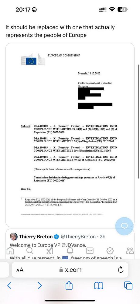 A formal document from the European Commission regarding an investigation into compliance issues with Twitter.