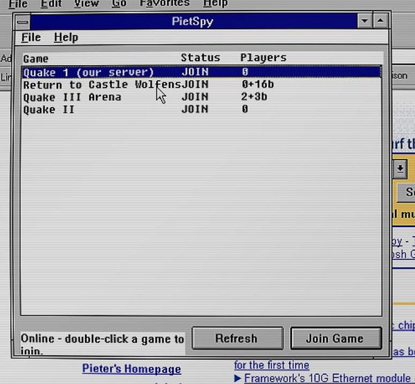 Screenshot of the GAMES.EXE window running on Windows 3.11 displaying a list of multiplayer games to join.