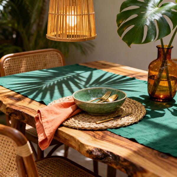 A tropical dining vignette featuring a live-edge solid wood table with a deep green runner. A woven placemat holds a mottled green ceramic bowl and gold-toned cutlery with a rust-orange linen napkin. Cane-back rattan chairs surround the table. An amber glass vase displays a large monstera leaf, and a slatted rattan pendant lamp glows overhead. Sunlight casts leafy shadows across the tabletop against a light wall and surrounding greenery.