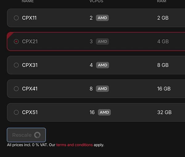 The image displays a server upgrade selection interface for various server configurations.