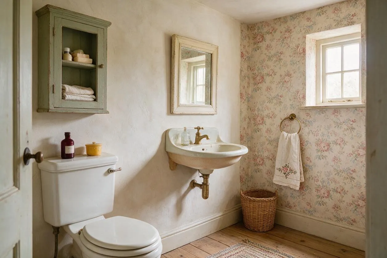 A cozy cottagecore bathroom with a white toilet, a wall-mounted porcelain sink with brass faucet, and a small framed mirror above it. A sage-green wall cabinet, floral wallpaper accent wall, wicker basket, and embroidered hand towel add vintage charm, while soft daylight enters through a small window.