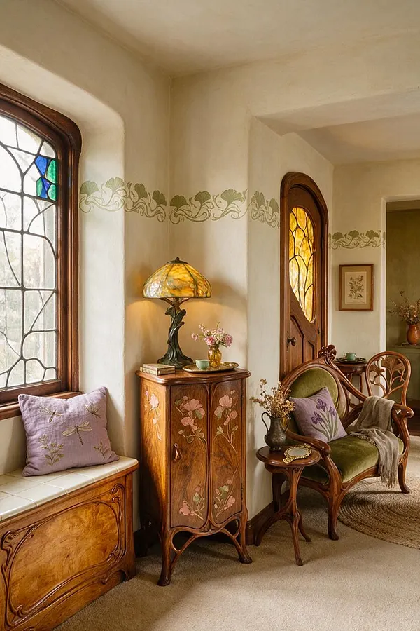 An Art Nouveau entryway with cream plaster walls, stained-glass windows and door panels, and richly carved wooden furniture. A floral-painted cabinet, upholstered bench with lavender cushions, and an olive velvet chair create a warm, romantic welcome.