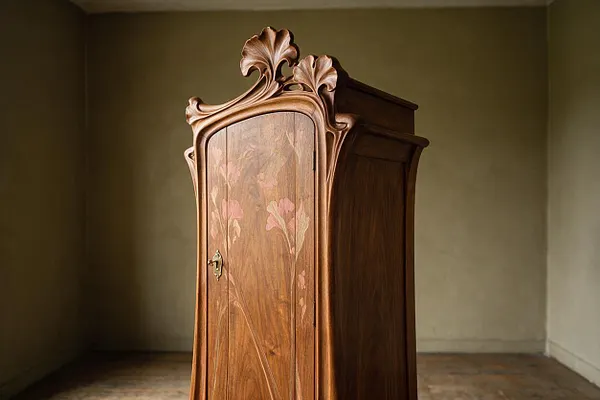 A tall Art Nouveau wooden cabinet stands alone in an empty room, with a curved crown of carved floral forms, a rounded front door, and inlaid pink flower motifs on the paneled surface. The warm walnut-toned wood and brass handle contrast with the muted olive walls and worn floor, creating a refined vintage atmosphere.