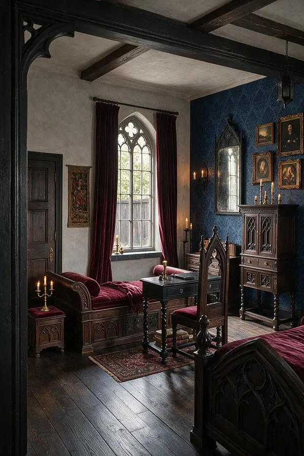 A moody Gothic-style backyard room or garden pavilion with pointed-arch window details, deep burgundy velvet seating, dark carved wood furniture, and blue patterned walls. Candlelight, framed portraits, and a small rug add to the historic, dramatic atmosphere.