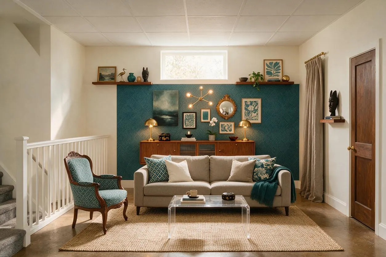 A cozy basement seating area with a beige sofa, teal patterned accent wall, vintage-style wood chair, and clear acrylic coffee table. Decorative art, brass lamps, a narrow console, and a high window add warmth and personality to the compact room.