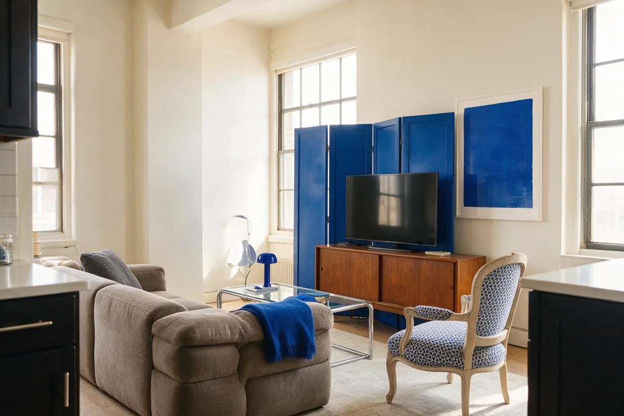 A bright media room with cream walls and tall windows features a gray sectional sofa, a glass coffee table, a wooden media console, and a TV backed by vivid blue folding panels. A patterned armchair, a blue throw, and a matching blue artwork add eclectic color and contrast to the airy neutral space.