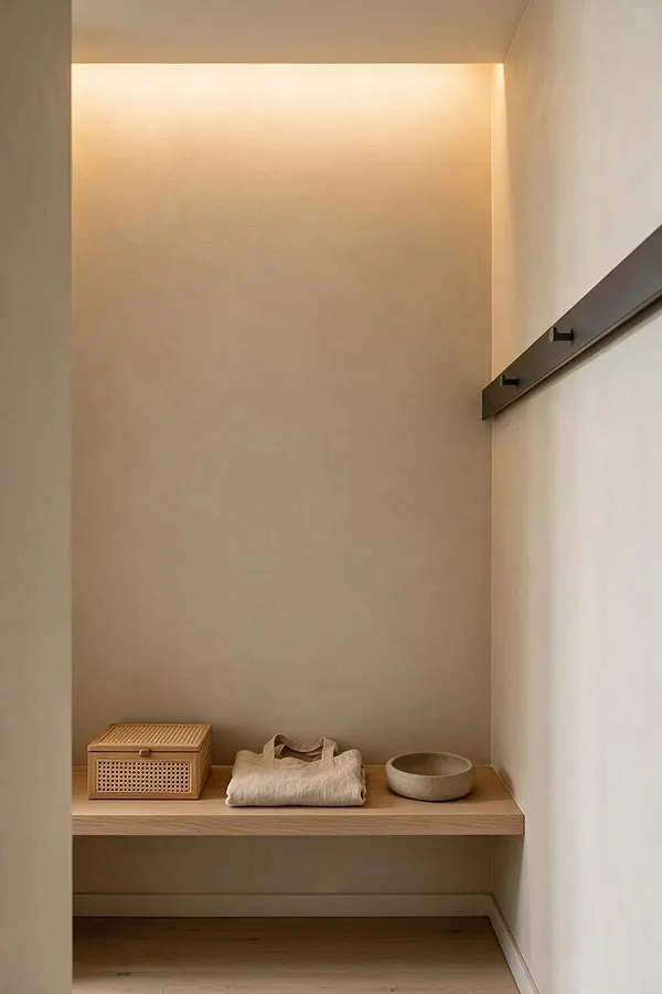 A serene Japandi entryway with a built-in wooden bench set into a softly lit niche. A woven rattan storage box, a folded linen tote, and a shallow ceramic bowl sit on the bench against muted beige walls and pale wood flooring.
