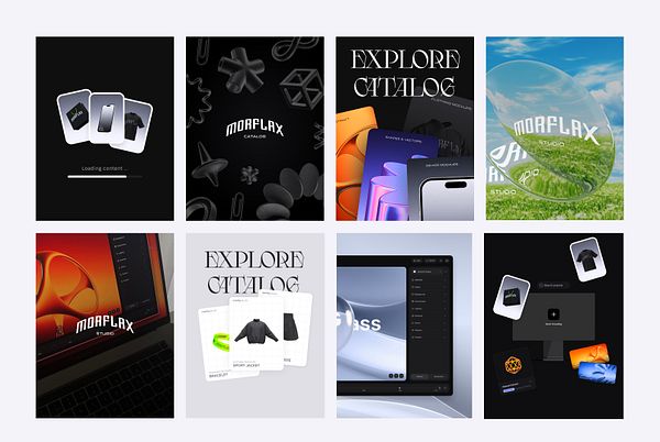 A collage of design elements and mockups related to the Morflax studio project.