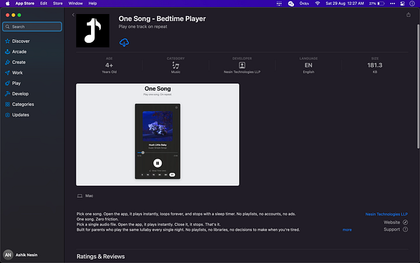 Mac app One Song Bedtime Player dashboard showing library and playback options.