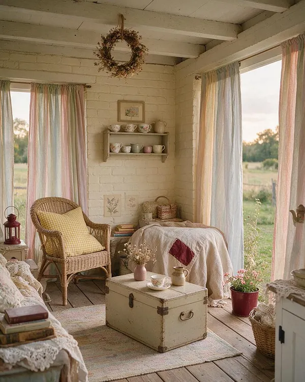 A cozy cottagecore front porch with white brick walls, exposed ceiling beams, and soft pastel curtains framing the windows and openings. The space includes a wicker chair with a yellow gingham cushion, a vintage trunk used as a coffee table, embroidered textiles, floral decor, and potted plants, creating a warm, rustic, country-inspired atmosphere.
