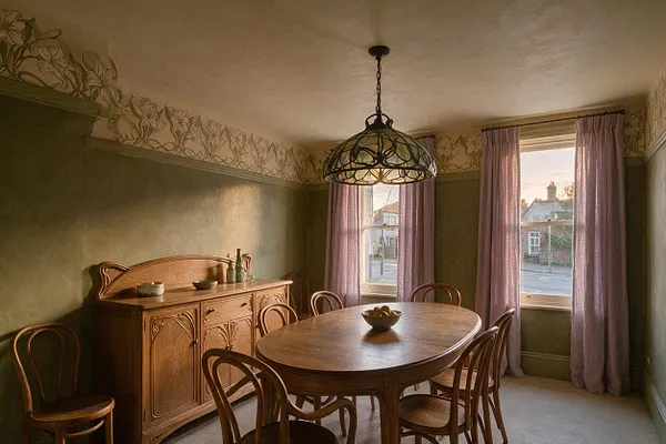 A cozy dining room in Art Nouveau style with an oval wooden table, curved-back chairs, and a carved sideboard along an olive-green wall. Sheer mauve curtains frame two windows, while a stained-glass pendant light hangs overhead beneath floral wallpaper trim.