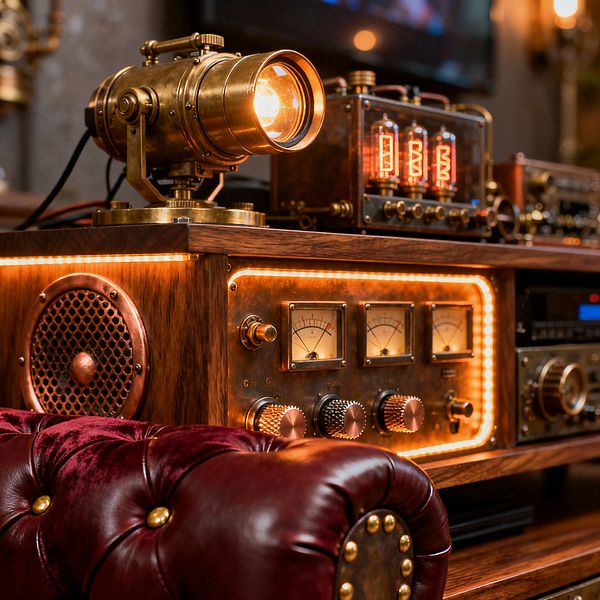 Close-up of a steampunk media console in dark walnut wood featuring a brass spotlight lamp, a glass nixie-tube display with glowing numerals, and a copper control panel with analog VU meters and knurled knobs. A perforated copper speaker grille sits to the left, edged by warm amber LED strip lighting, while an oxblood tufted leather sofa with brass buttons appears in the foreground, creating a vintage industrial mood.