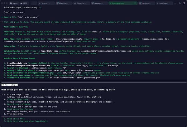Screenshot of a code analysis report highlighting bugs in the Hoodmaps codebase on the Claude AI platform.