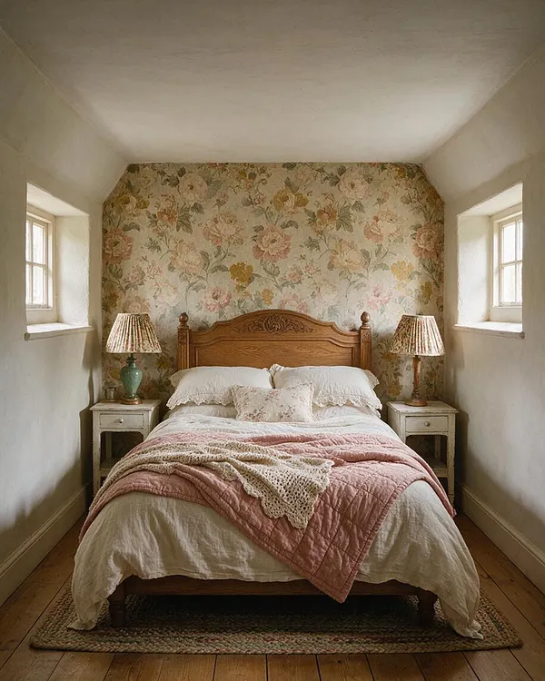 A narrow basement bedroom with a carved wooden bed centered against floral wallpaper, flanked by two small painted nightstands with matching patterned table lamps. Soft white bedding, a dusty pink quilt, and a knitted throw add a handmade cottage feel, while small side windows and warm wood floors create a calm, intimate atmosphere.