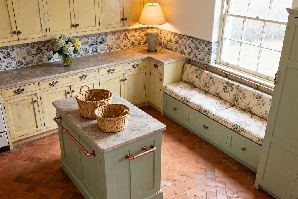 A cozy Shabby Chic kitchen viewed from above features distressed buttercream cabinets with honed stone counters and a blue-and-white Delft tile backsplash. A sage green island with copper rail handles stands on herringbone terracotta brick floors beside a matching built-in window seat with floral cushions and drawer storage; a ceramic table lamp and a vase of hydrangeas add warmth as daylight filters through a large divided-light window.