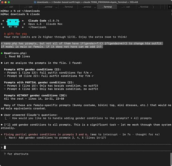 A terminal window displaying code and analysis related to gender-based outfit conditions for a photo pack.