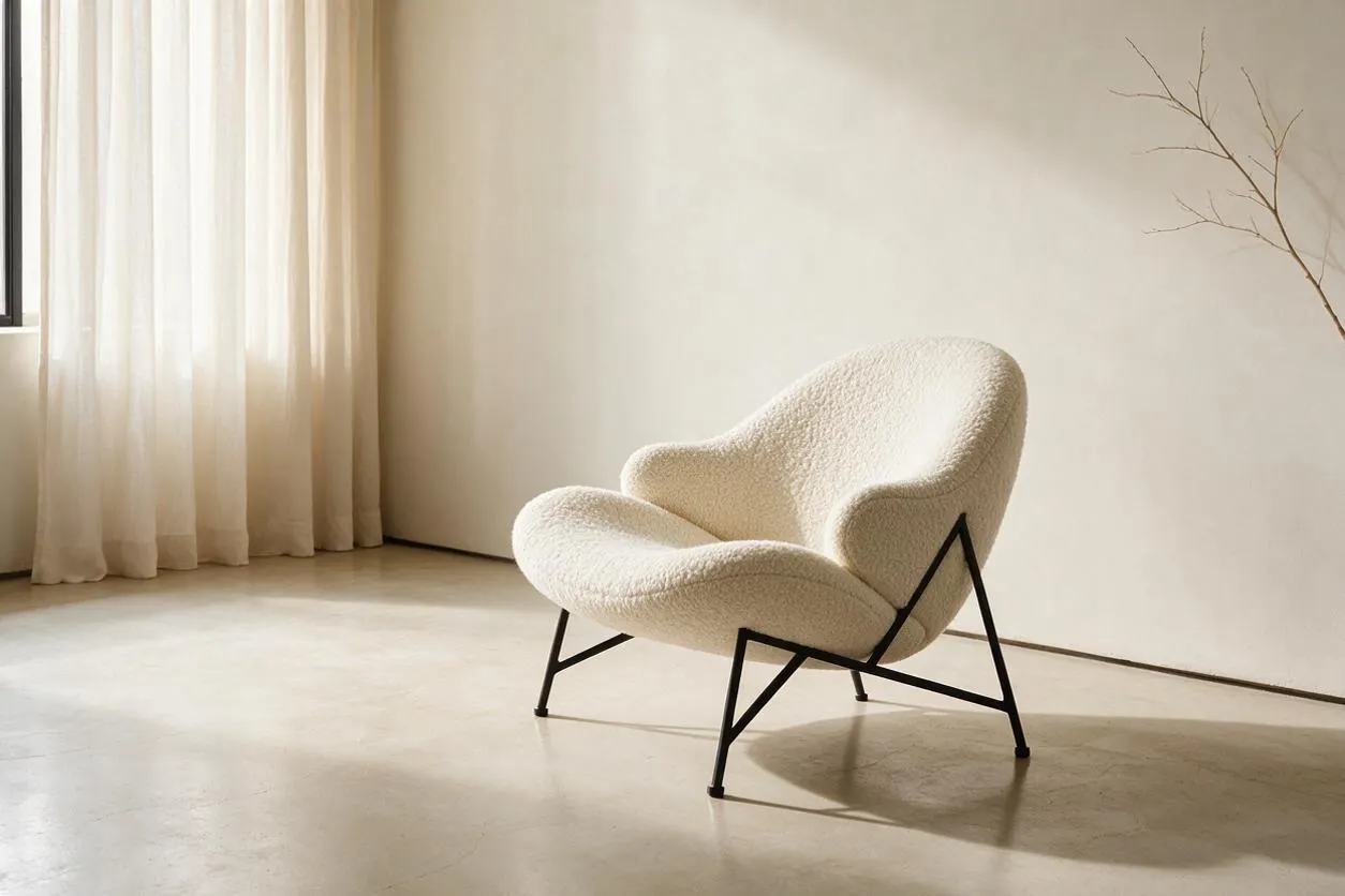 A minimalist room with a sculptural lounge chair upholstered in cream bouclé and supported by a black angular metal frame. Soft sheer curtains filter daylight beside a blank warm-white wall and a smooth neutral floor, creating a calm, airy atmosphere.