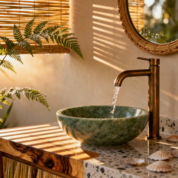 A tropical bathroom vanity features a round green stone vessel sink on a light terrazzo countertop. Water flows from an aged-brass single-handle faucet as warm sunlight streams through bamboo blinds, casting striped shadows on creamy plaster walls. A circular rattan-framed mirror hangs above, with a fern frond nearby and small seashells scattered on the counter. The vanity combines knotty wood and bamboo panels for a relaxed, natural coastal look.