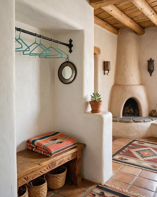 A Southwestern-style closet nook with white adobe walls, a carved wooden bench, turquoise hangers on a black metal rod, woven baskets below, and a folded striped blanket on top. Nearby terracotta tile flooring, exposed wood beams, and a kiva-style fireplace create a warm rustic atmosphere.