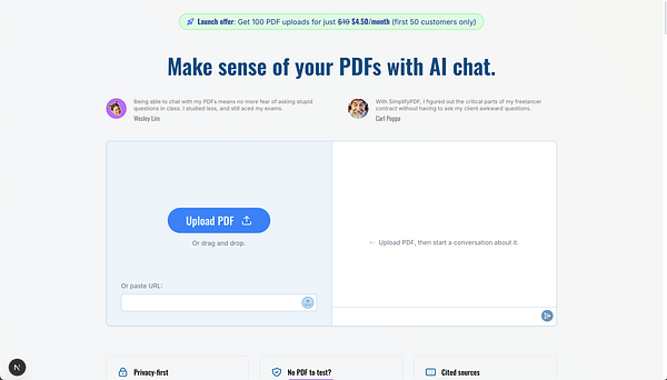 The image displays a user interface for a PDF chat application called SimplifyPDF.