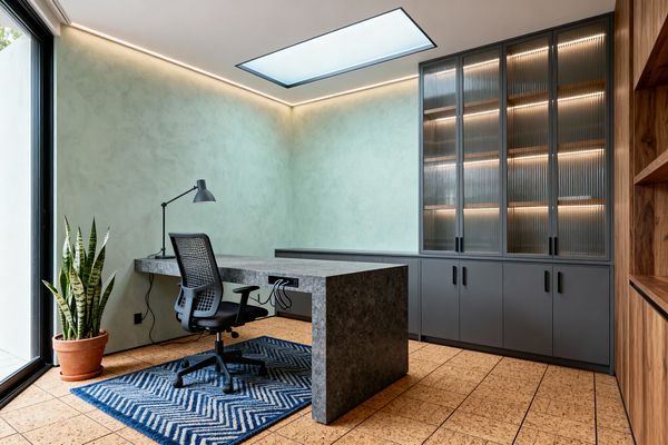 A modern home office features a thick charcoal concrete waterfall desk facing matte gray cabinetry with ribbed-glass uppers lit by warm LEDs. Mint limewash walls, a skylight with perimeter cove lighting, cork tile flooring with a blue chevron rug, a black mesh task chair and task lamp, a terracotta potted snake plant, and a large black-framed sliding glass door to the outdoors complete the space.