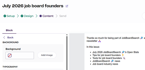 Screenshot of a webpage showing a job board founder's newsletter with a clean layout and a welcoming header image.