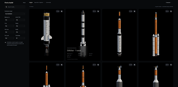 User interface page for exploring and sharing spacecraft builds with multiple rocket designs displayed and filtering options.